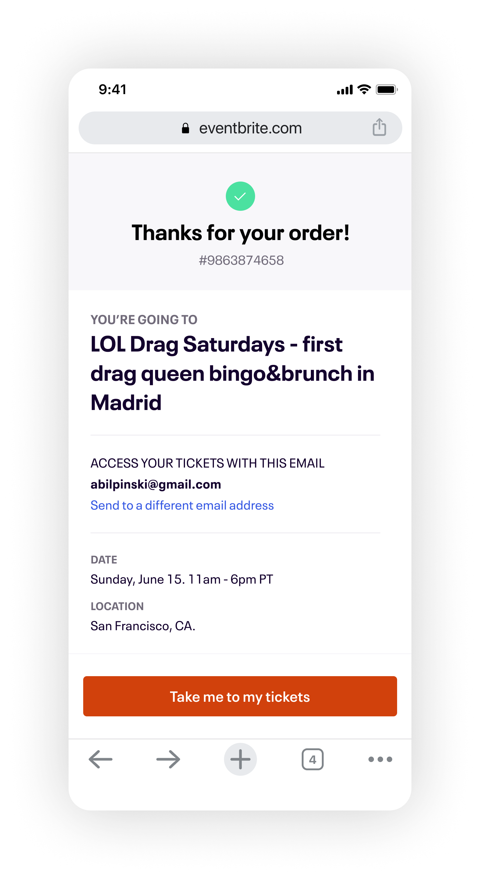 Order Confirmation Page on Eventbrite